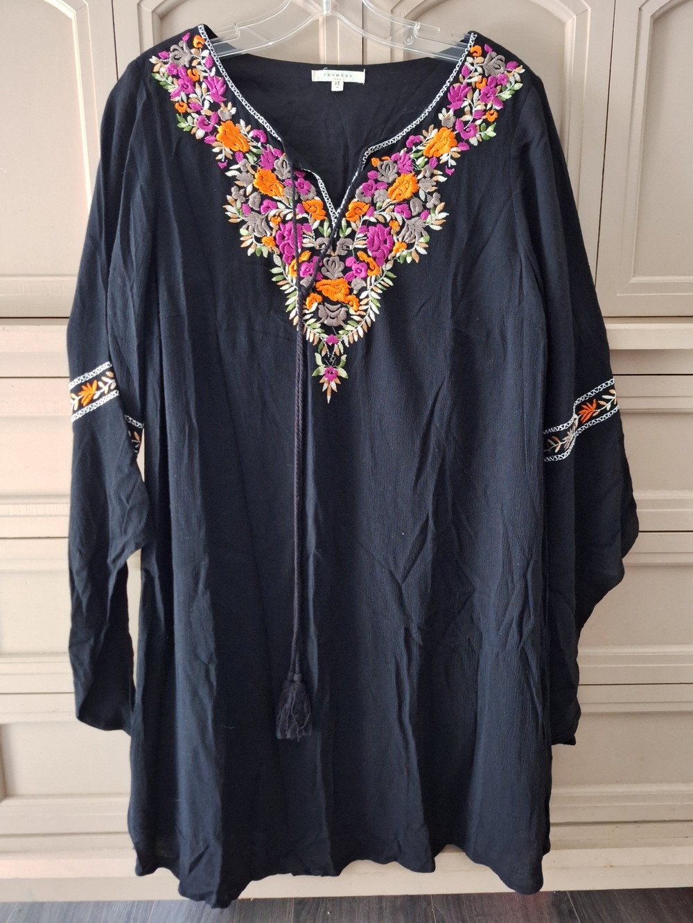 Promesa Black Tunic Dress with Multicolor Floral Embroidery Size S